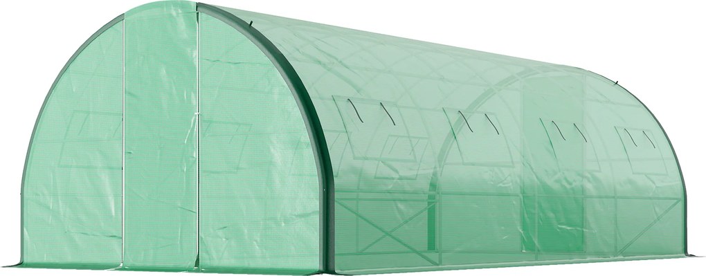 Estufa de jardim tipo túnel 6 x 3 x 2 m, 18 m², 8 janelas, 2 portas articuladas, lona de PE, estrutura em ferro galvanizado verde