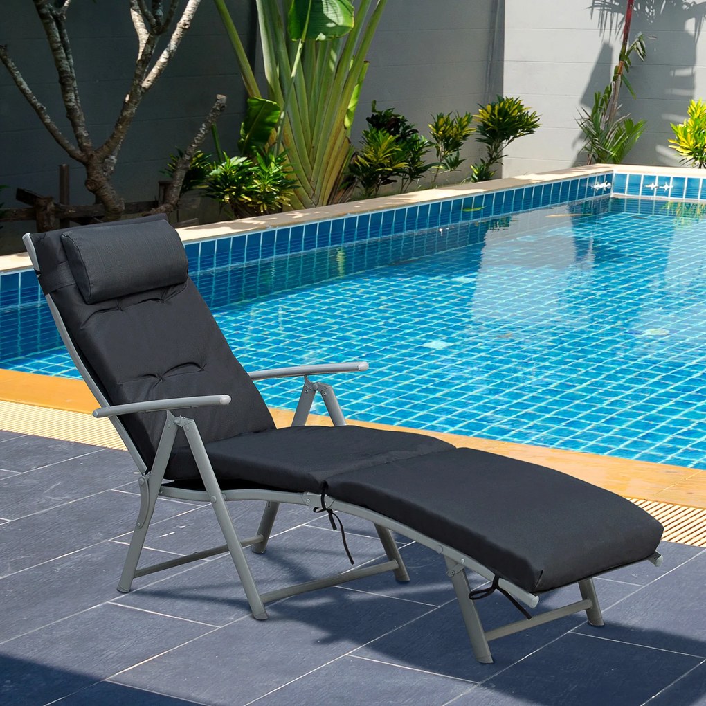 Espreguiçadeira dobrável com 7 posições de inclinação, espreguiçadeira de grande conforto com colchão + braços em metal com revestimento epóxi e tecid