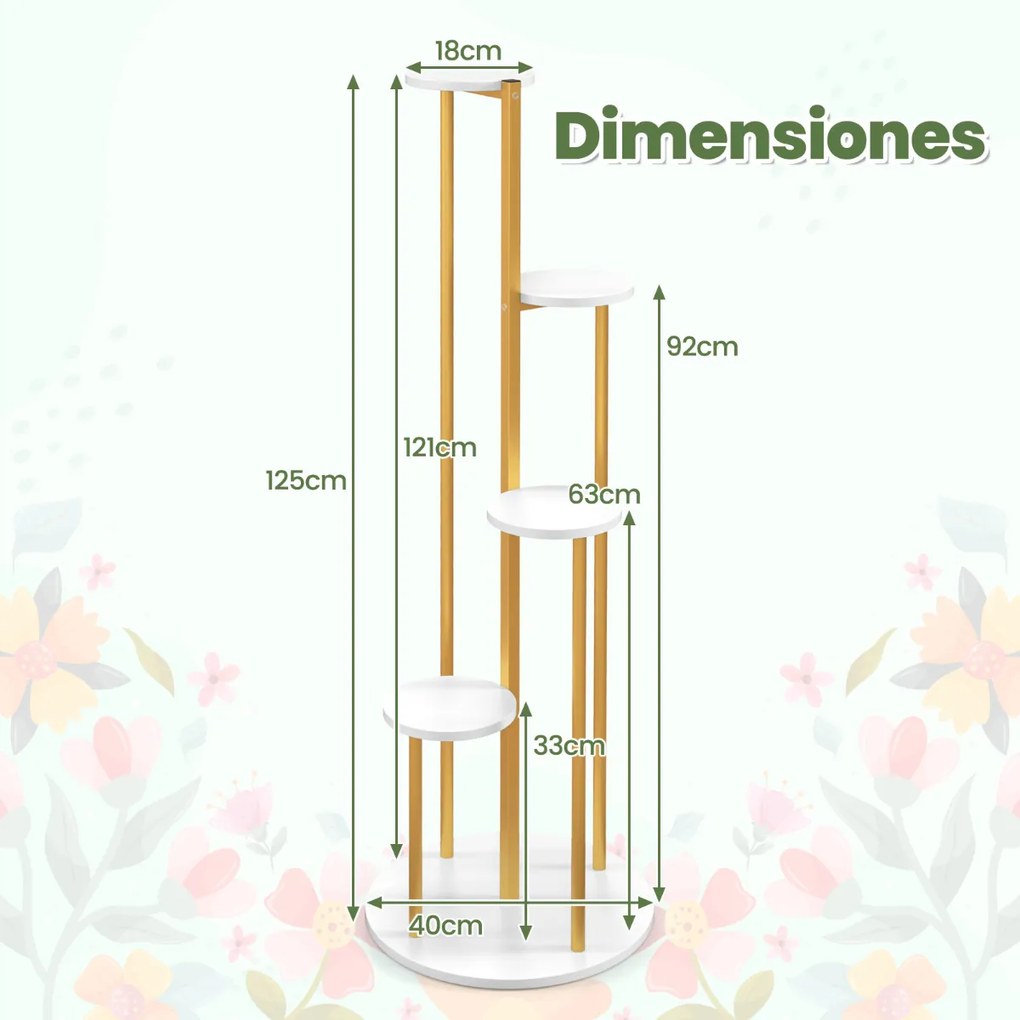 Estante de metal para plantas de interior com 125 cm de altura para plantas em vaso para casa, escritório e varanda Dourada, branco