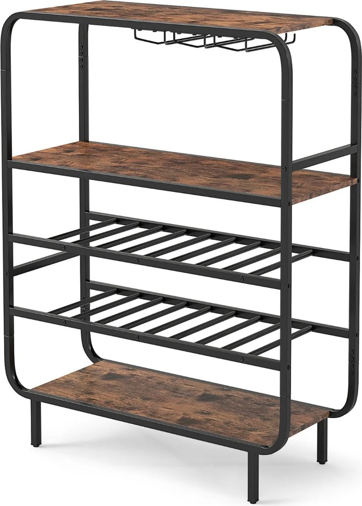 Garrafeira com capacidade para 16 garrafas 90 x 35 x 117 cm, 5 níveis e suportes para copos; Estrutura metálica industrial; prateleira de arrumação em