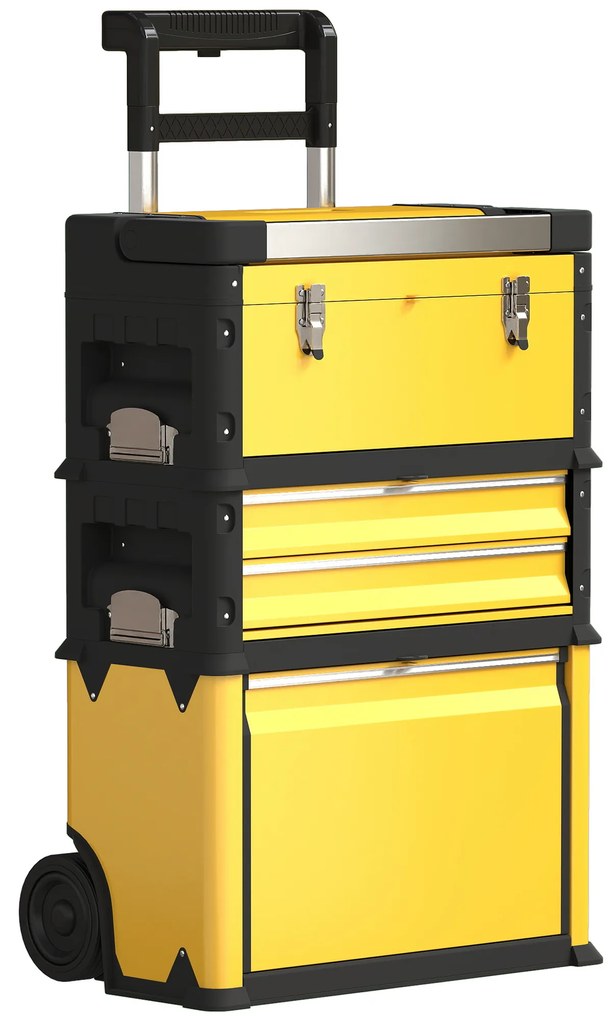 Caixa de Ferramentas Empilhável 3 em 1 Caixa de Ferramentas com Rodas Carro de Ferramentas de Aço 52x32x72 cm Amarelo e Preto