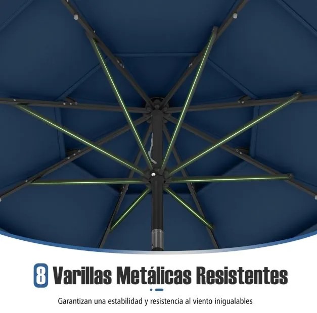 Guarda-sol Jardim de 313 cm com 32 luzes LED Teto ventilado de 3 níveis Ajuste de inclinação Azul Marinho