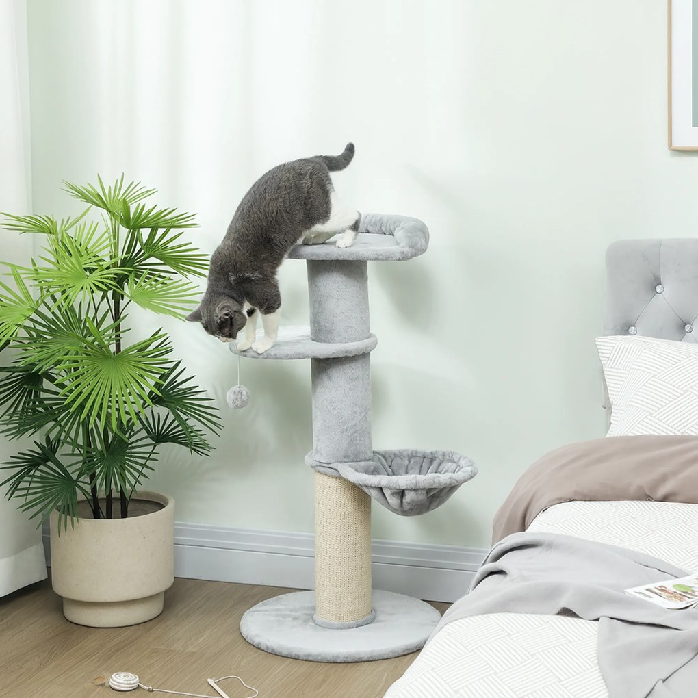 Arranhador para gatos em forma de barril com arranhador de sisal, rede, plataforma e bola de brincar, Ø 48 x 103,5 cm, cinzento claro