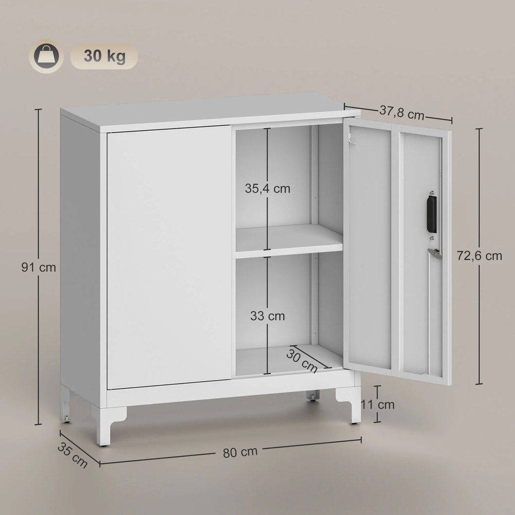 Armário de Arrumação Metálico Armário de Escritório com 2 Portas Arquivador para Escritório 80x35x91 cm Branco