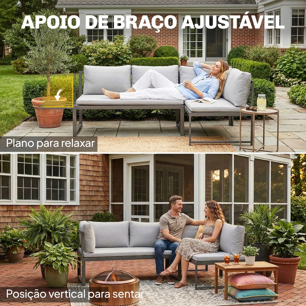 Conjunto de Jardim Exterior com Almofadas, 2 Sofás de 2 Lugares com Reposabráços Ajustáveis e Mesa de Centro, Cinzento