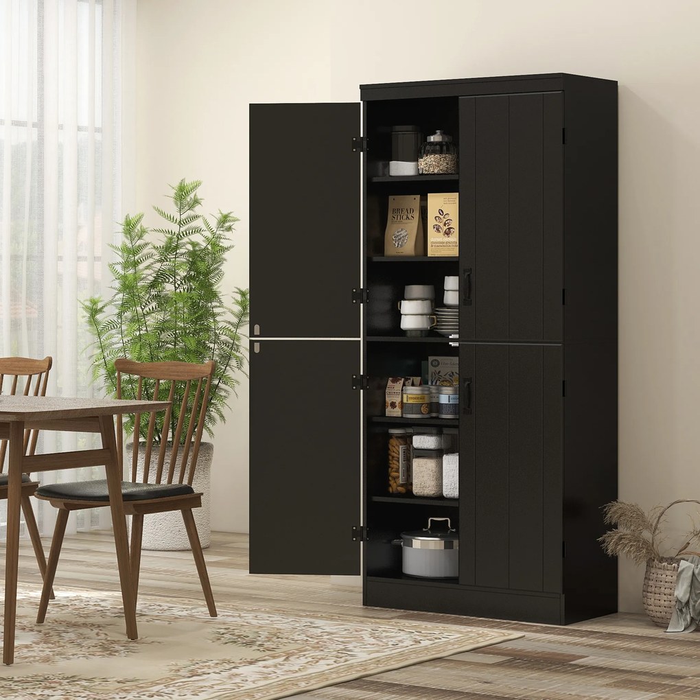 Armário de cozinha 76 x 40 x 176,7 cm, com 4 portas, 6 níveis e prateleiras ajustáveis, preto