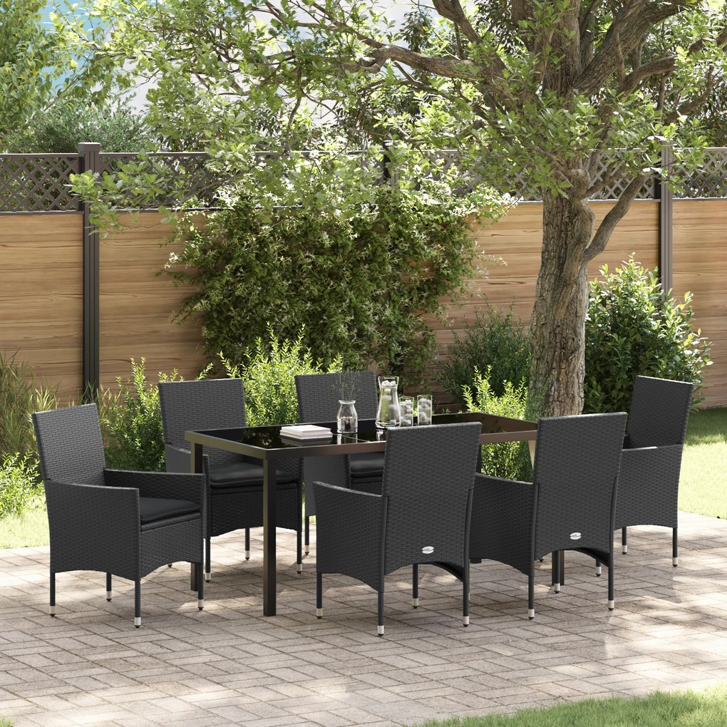 vidaXL Conjunto de Jantar de 7 Peças com Almofadas Polirattan Preto