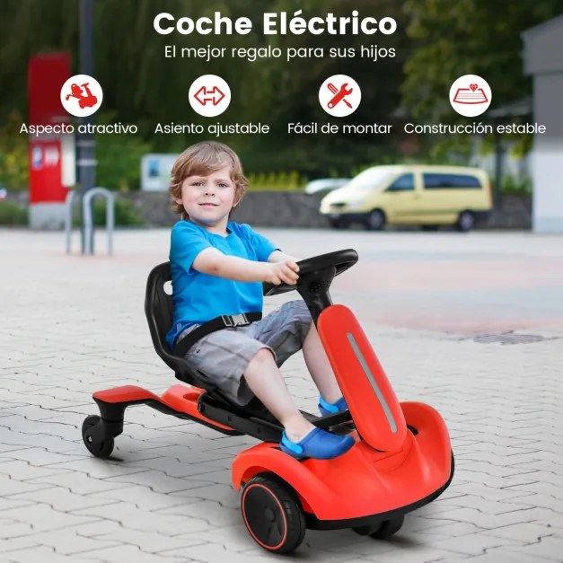 Kart elétrico 6V para crianças com assento ajustável com sons, rotação de 360 ​​graus, velocidade máxima de 4,8 km/h para crianças de 3 a 8 anos Verme