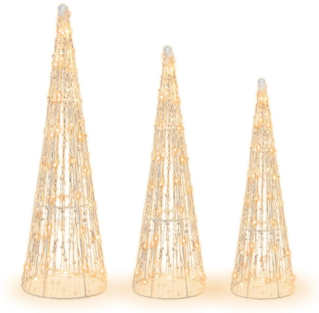 Conjunto de 3 árvores de Natal pré-iluminadas em forma de cone com correntes de estrelas 62/72/81cm