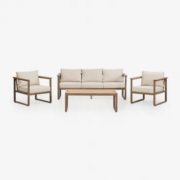 Conjunto De Jardim Com Sofá De 3 Lugares, 2 Poltronas E Mesa De Centro Em Alumínio E Madeira De Acácia Lipov Moka Brown - Sklum
