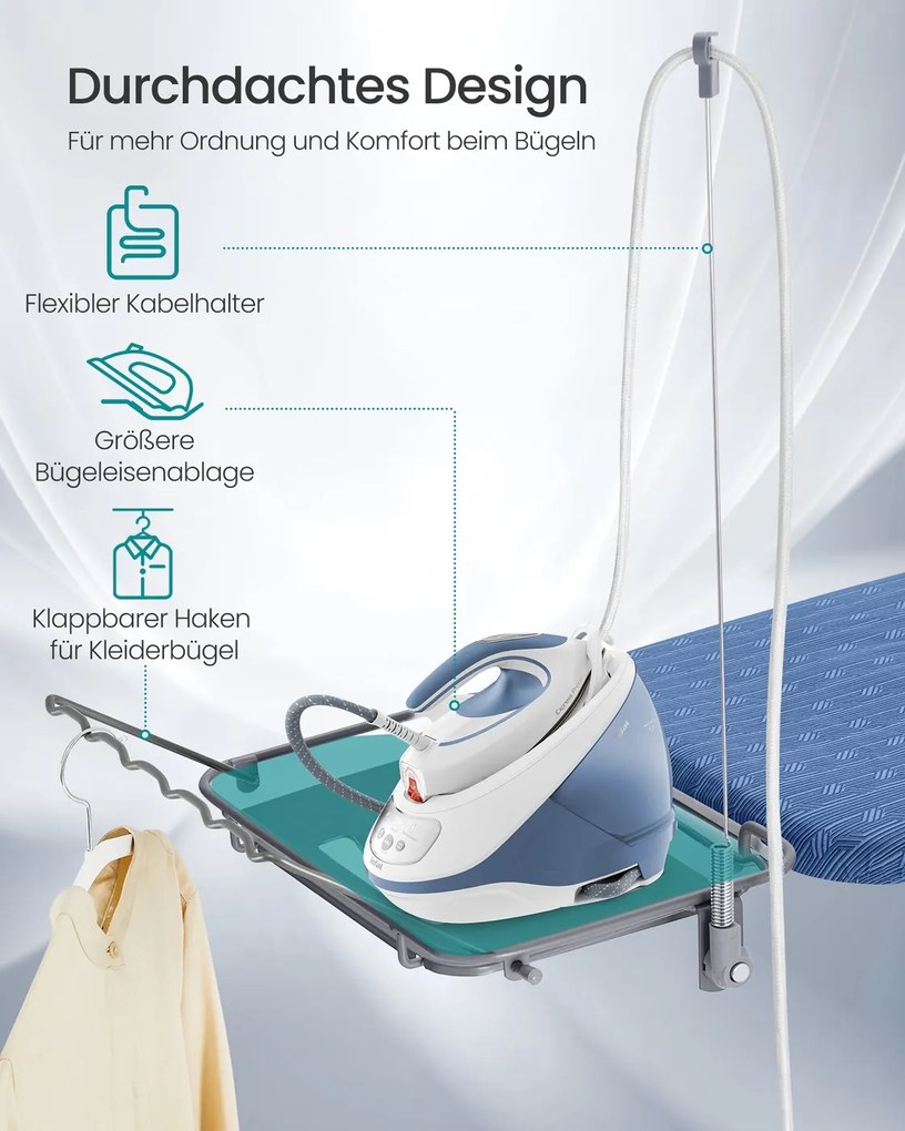 Tábua de engomar com suporte para cabos 146,8 x 42,3 x 66-90 cm azul-escuro e cinza-claro