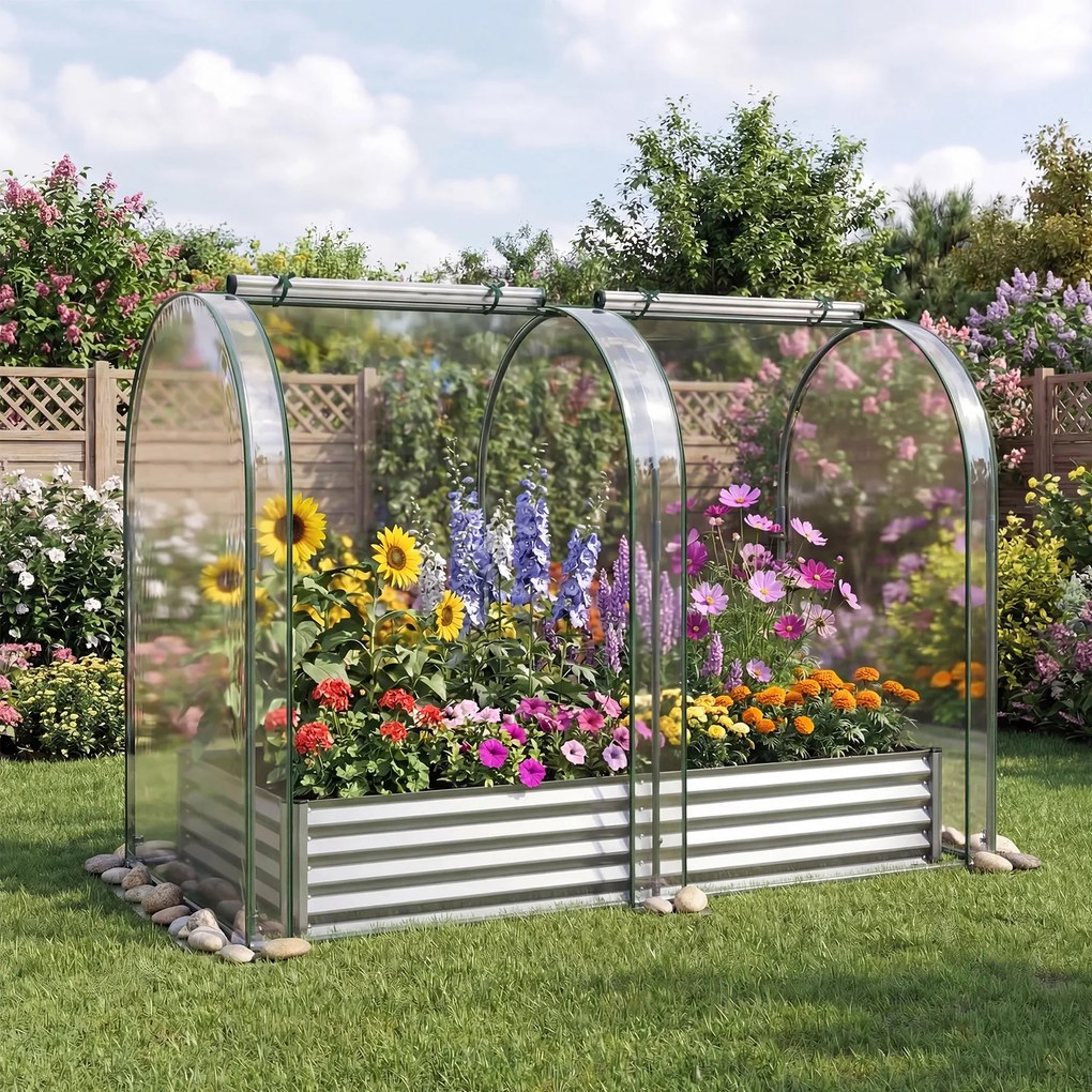 Estufa urbana 180 x 90 x 30 cm com estufa de PVC transparente, floreira de metal galvanizado, 2 janelas enroláveis, floreira coberta , prateado