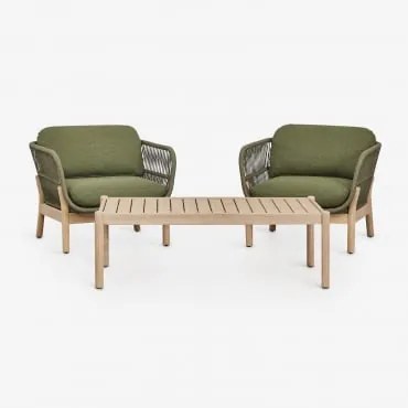 Conjunto De Jardim Com 2 Poltronas E Mesa De Centro Em Madeira De Acácia E Corda Trançada Karvia Bouclé Verde Sálvia - Sklum