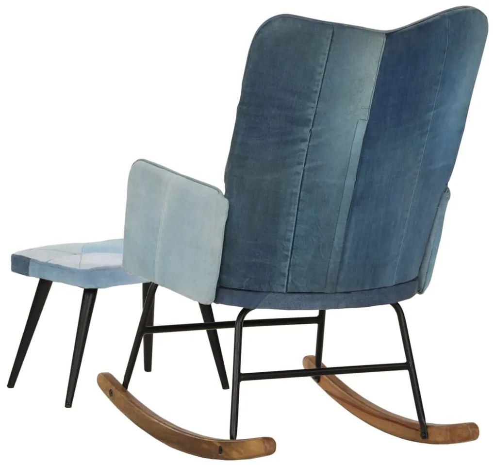 Cadeira de balanço com apoio de pés remendos lona azul denim