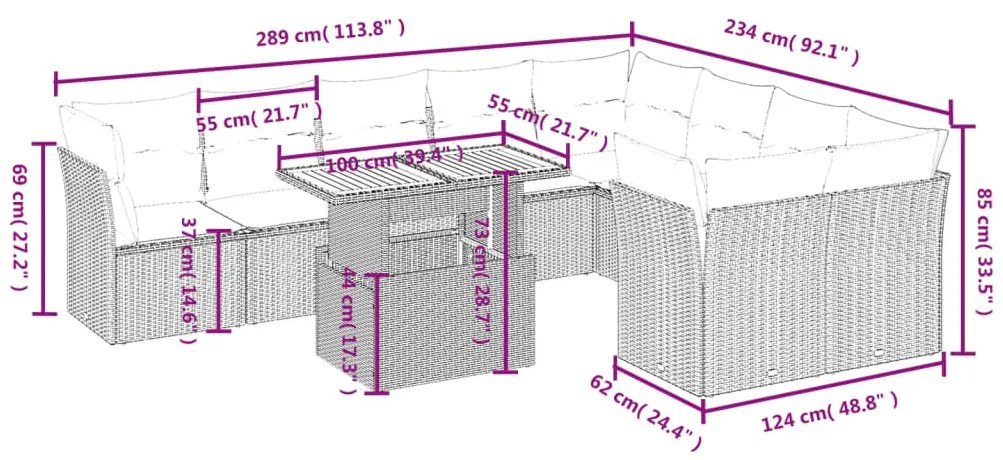 10 pcs conjunto de sofás p/ jardim com almofadões vime PE bege