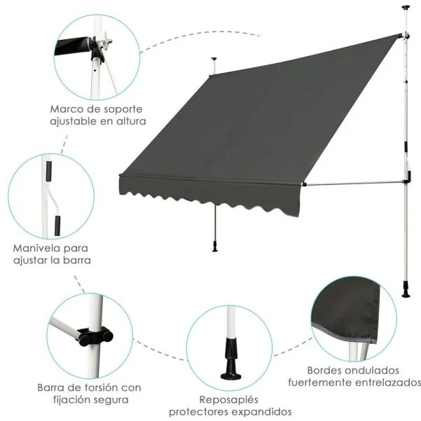 Toldo Telescópico e Retrátil 300 x 120 cm Resistente aos Raios UV Impermeável com Manivela Manual e Altura Ajustável para Janela Varanda Cinza