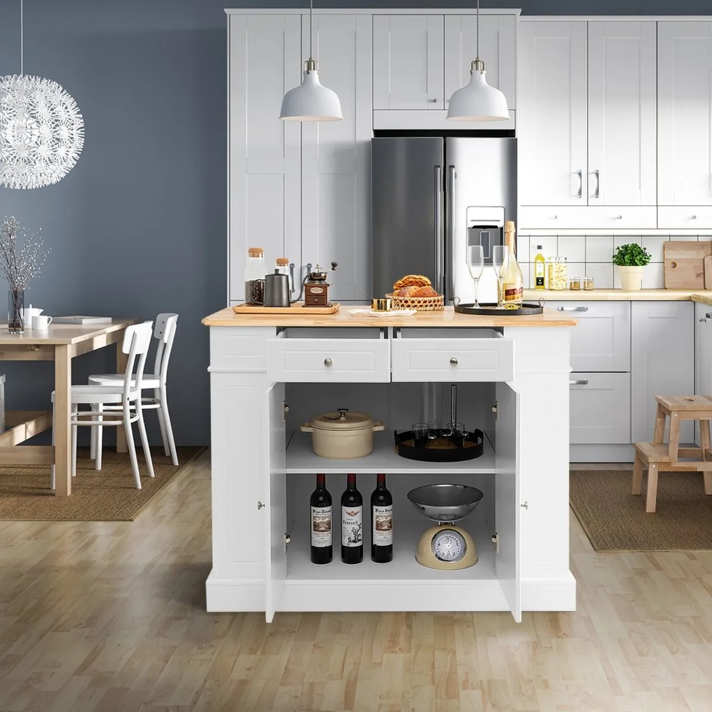 Ilha de cozinha com arrumação 120 x 61 x 92 cm Bancada de madeira Gavetas Prateleiras laterais 2 portas e 3 níveis de prateleiras ajustáveis Branco