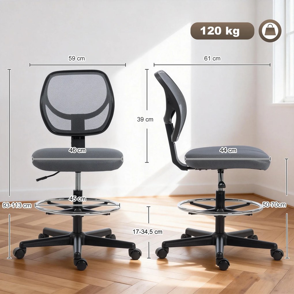 Cadeira de escritório ergonómica, com apoio para os pés, cadeira de desenho em malha, altura ajustável, cinzento escuro