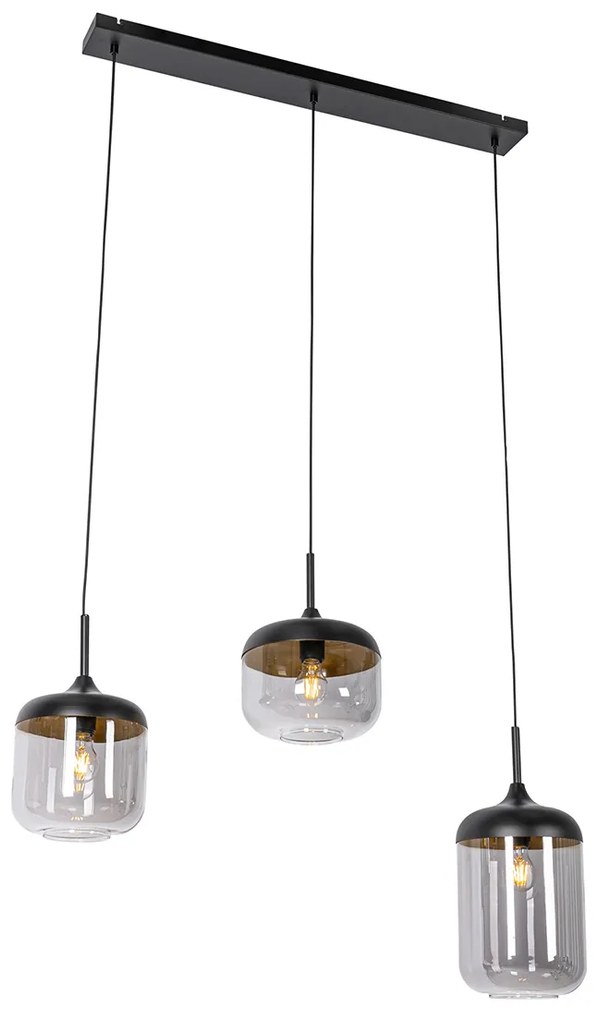Candeeiro de suspensão design preto com dourado e vidro fumê 3 luzes - Kyan
