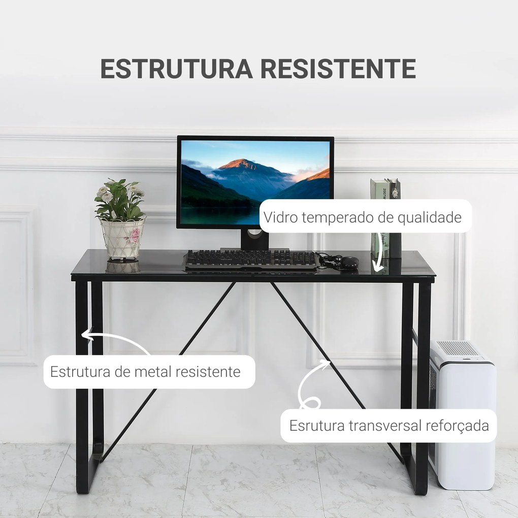 Secretária com Bancada de Vidro Temperado Carga Máxima 80kg Estilo Moderno para Escritório Estúdio Dormitório 120x60x74,5cm Preto