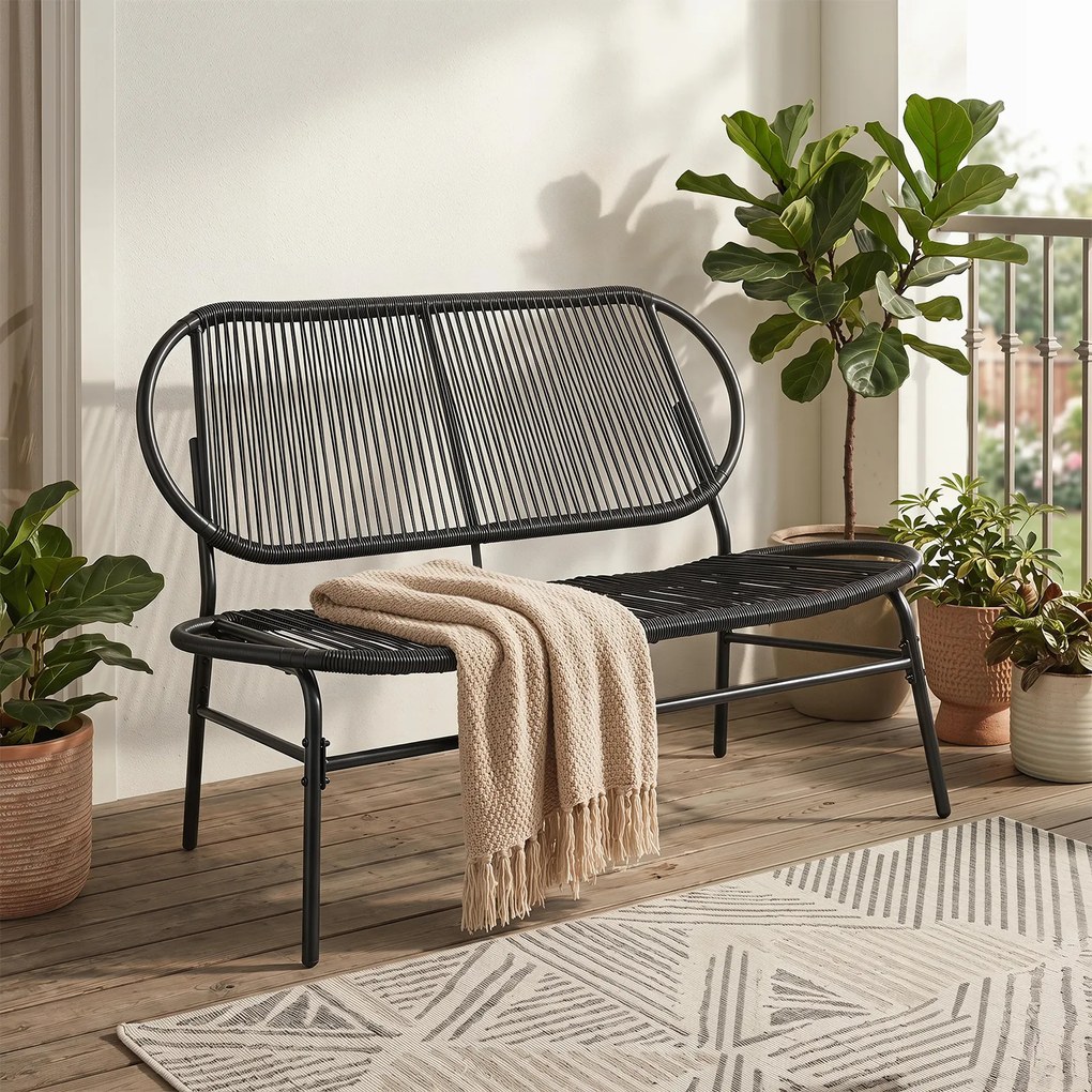 Banco de jardim para 2 pessoas com assento e encosto em rattan PE 118 x 68 x 79 cm, Estrutura metálica, design com ripas, para terraço ou alpendre, Pr