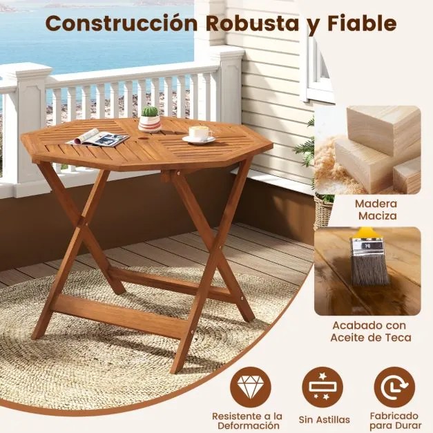 Mesa jardim de jantar em madeira maciça com orifício para guarda-sol 90 x 90 x 72 cm, tampo com ripas e acabamento em óleo de teca, para interior e ex