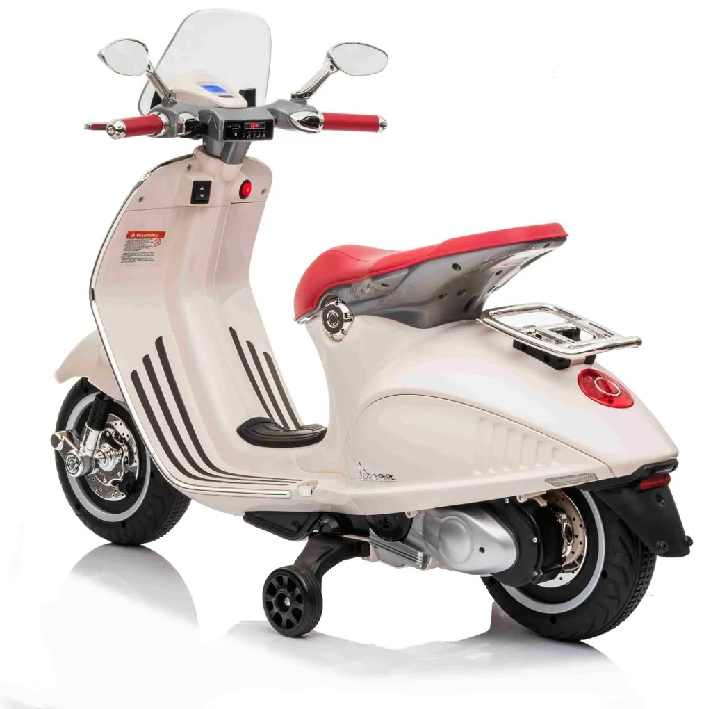 Vespa 946 para crinaças com marcha-atrás, licença, rodas auxiliares, bateria de lítio, 2 motores de 30 W, assento em couro, leitor de MP3 com entrada