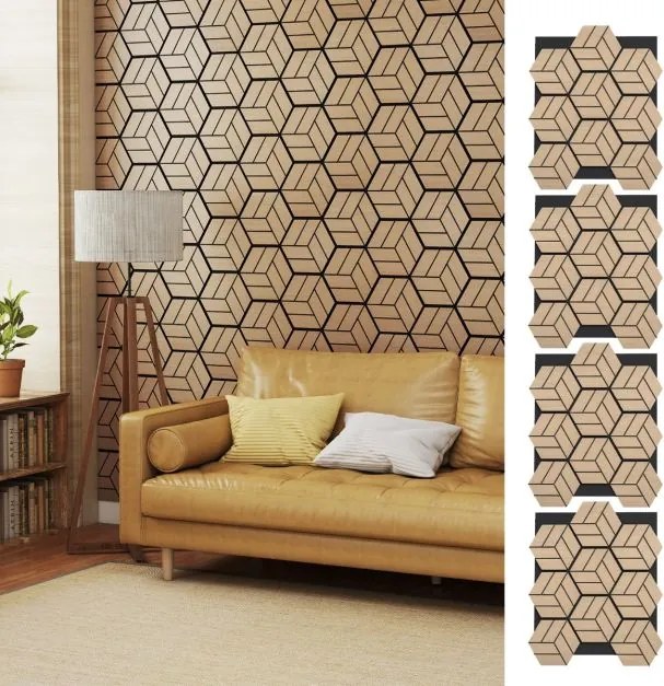 Conjunto de 4 painéis acústicos 81 x 66 cm com 9 painéis hexagonais de madeira para redução de ruído e decoração de tetos e paredes