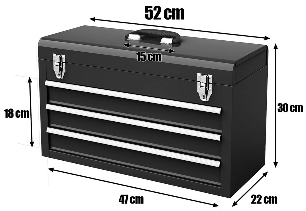 Caixa de ferramentas metálica portátil com 3 gavetas e tabuleiro de arrumação Sistema de fecho duplo 52 x 21 x 30 cm Preta