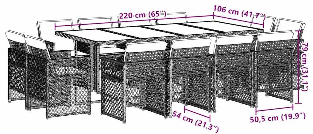 13 pcs conj. jantar jardim c/ almofadões vime PE cinzento-claro