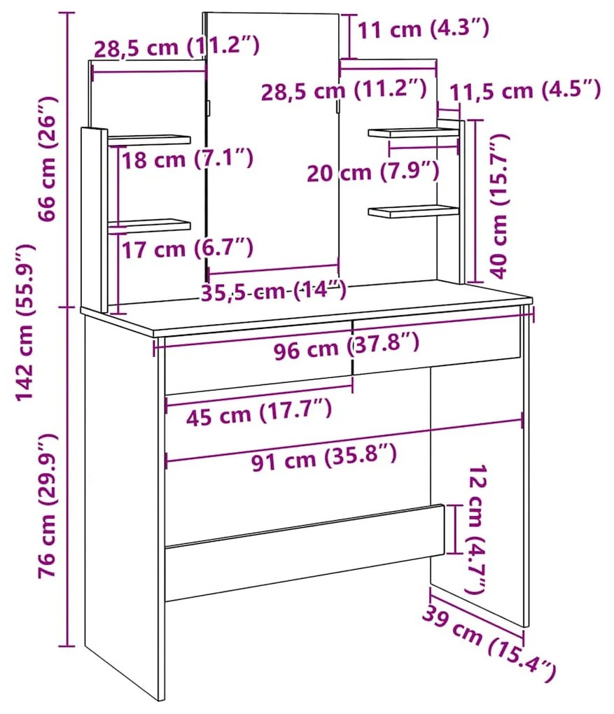 Toucador com espelho 96x39x142 cm madeira velha