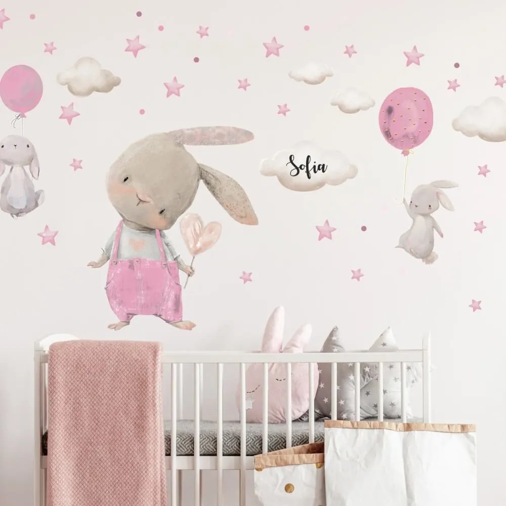 Autocolante de parede para menina - Coelhinhos com balões