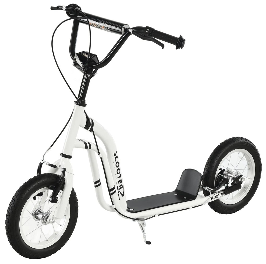 HOMCOM Trotinete para crianças acima de 5 anos com 2 Pneus de borracha inflável com freios Guiador ajustável Pedal antiderrapante 120x58x80-85 cm Branco