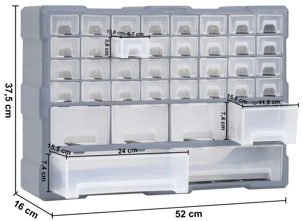 Caixa organizadora com 38 gavetas 52x16x37,5 cm