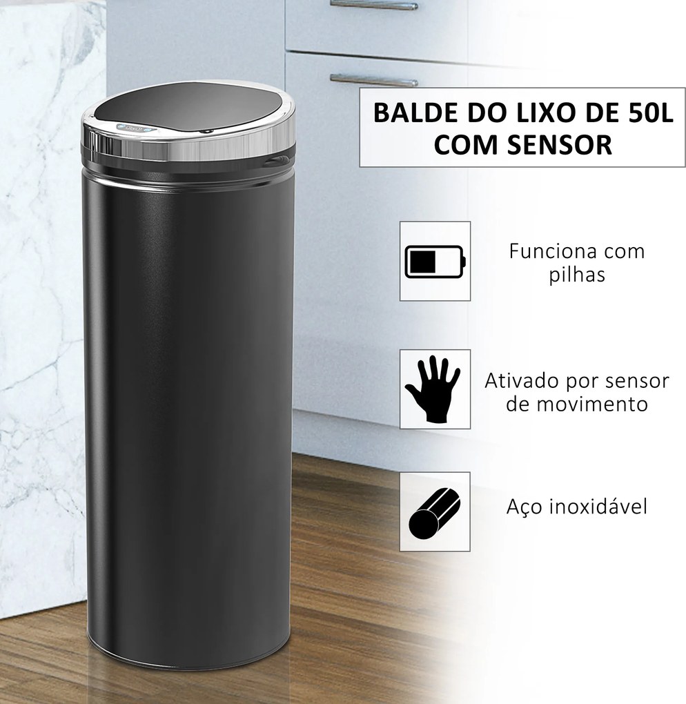 Balde do Lixo Automático 50L com Tampa de Fecho Suave e Silencioso Corpo em Aço Inoxidável Preto