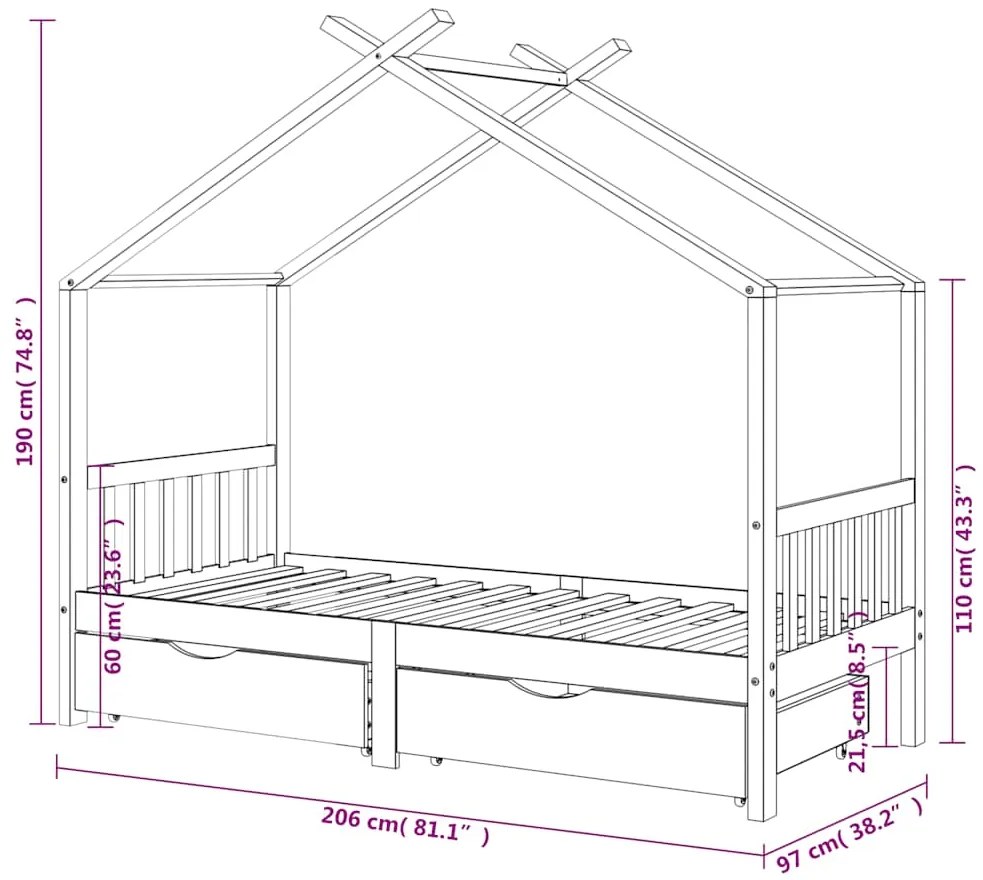 Estrutura de cama para criança c/ gavetas 90x200cm pinho maciço