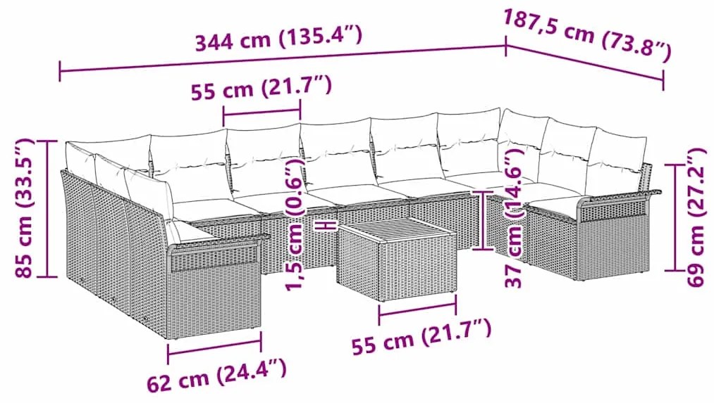 Conjunto de Sofás de Jardim de 11 Peças com Almofadas Cinzas, Rattan S