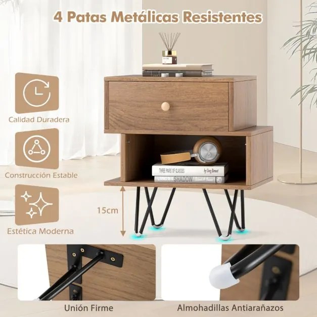 Conjunto de 2 mesas de cabeceira ou Mesas de apoio moderna com gaveta extraível e compartimento aberto natural