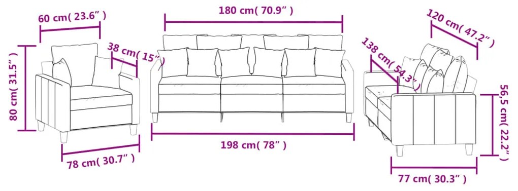 3 pcs conjunto de sofás com almofadas tecido vermelho-tinto