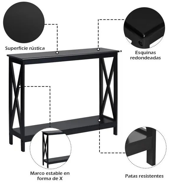 Mesa consola rústica com 2 níveis e prateleira em X para entrada, corredor e sala 100 x 30 x 80 cm preta