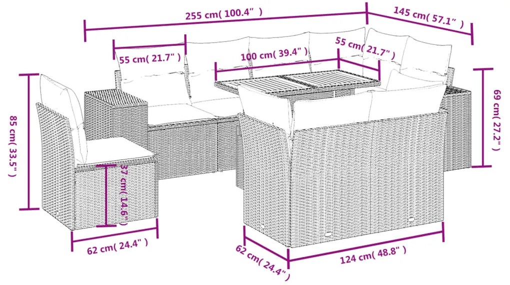 9 pcs conjunto de sofás p/ jardim com almofadões vime PE bege