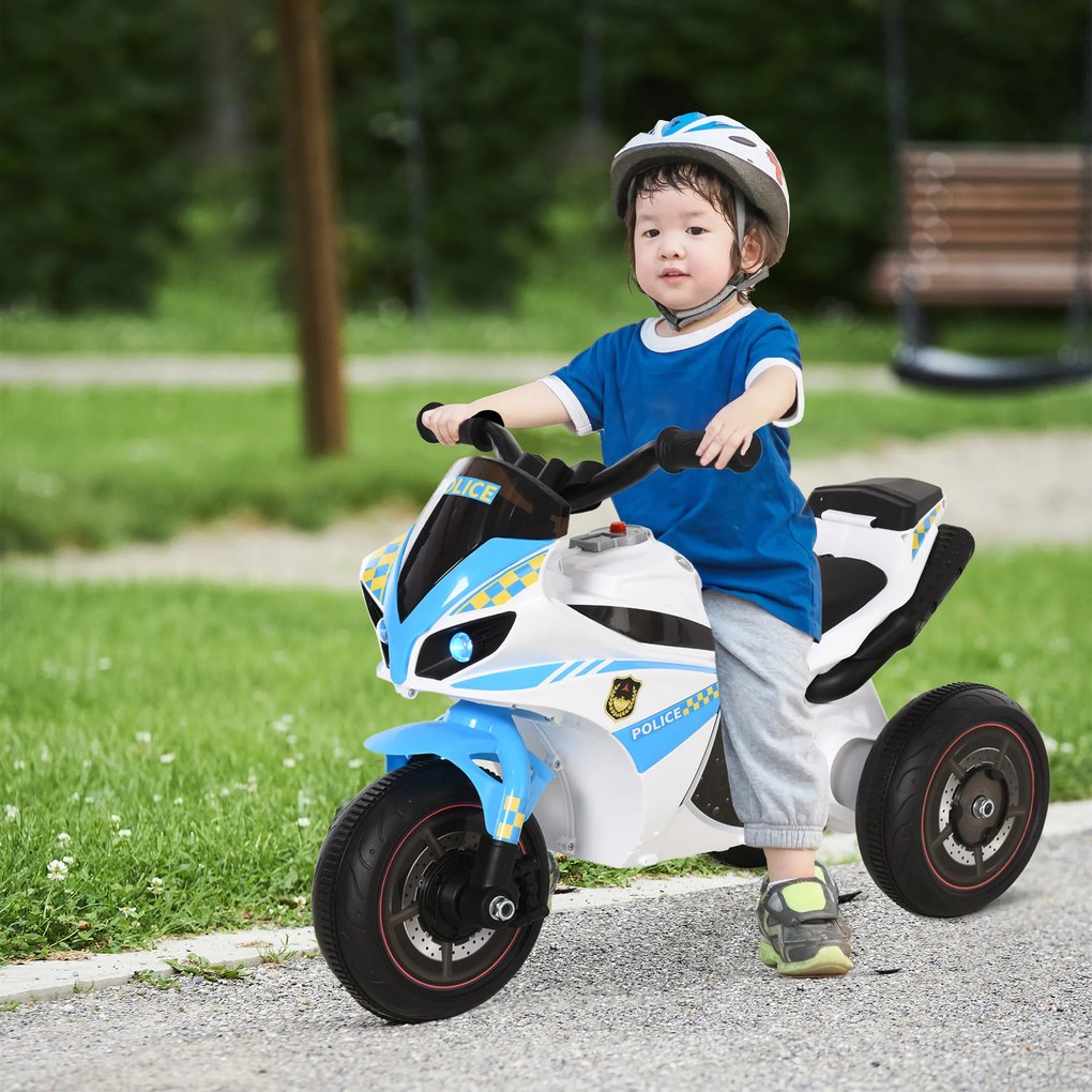 Andador para crianças com tema de moto de corrida, efeitos sonoros e luminosos, porta-bagagens, azul e branco