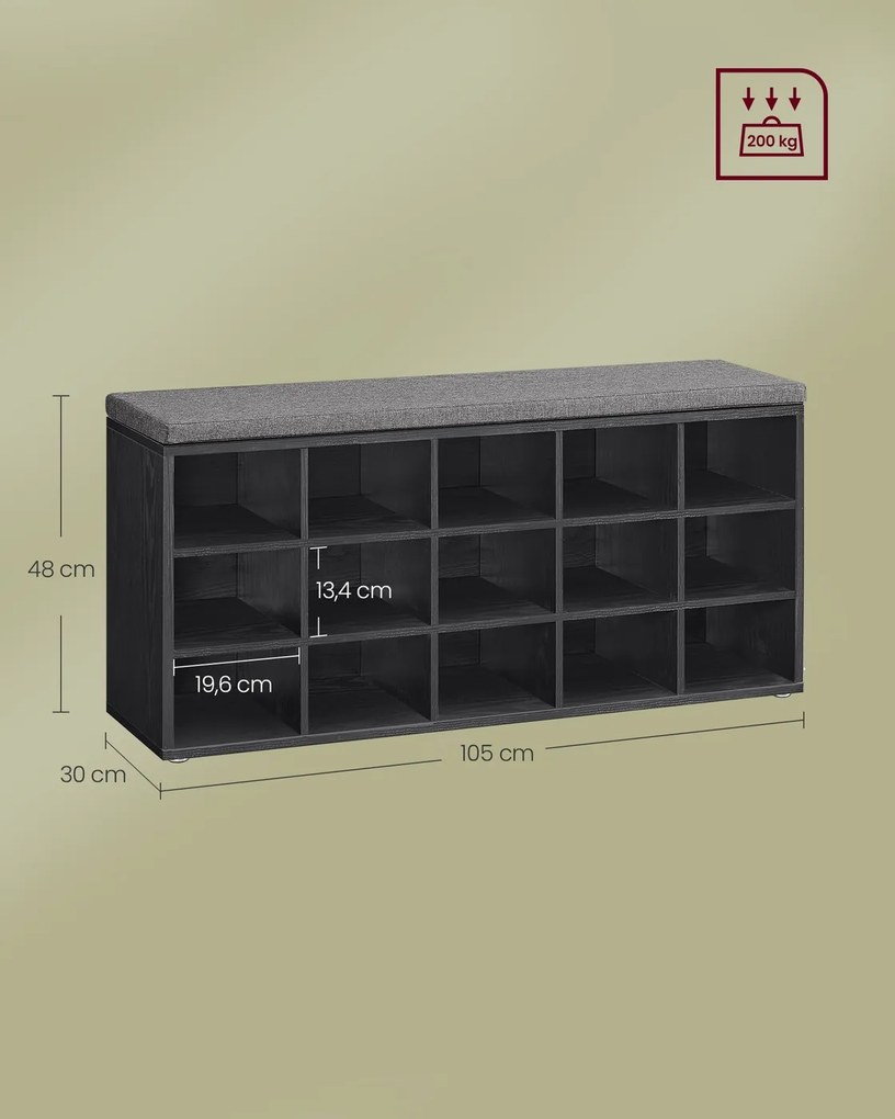 Banco sapateira para sapatos 30 x 105 x 48 cm com almofada e 15 compartimentos em preto-cinza ardósia