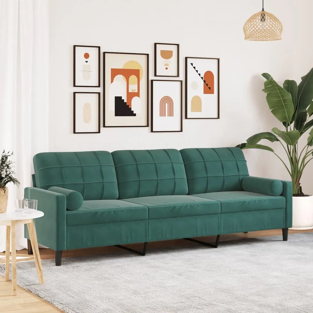 Sofá 3 lug. c/ almofadas decorativas 210 cm veludo verde-escuro