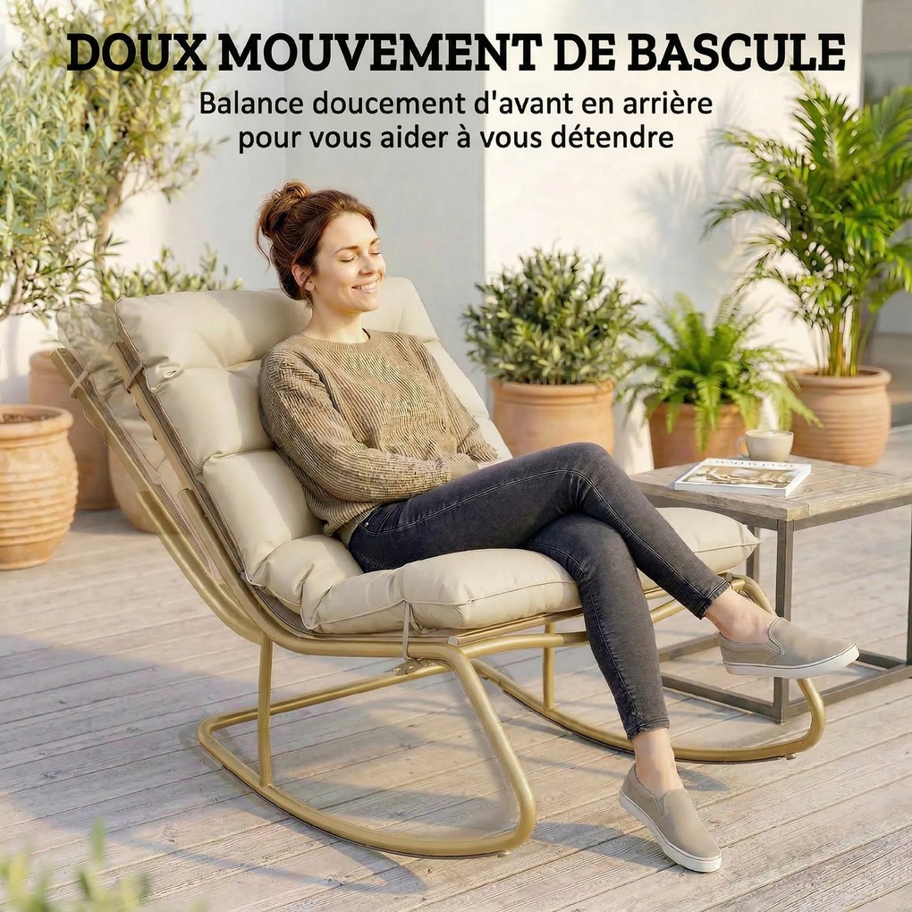 Cadeira de baloiço de jardim com almofada macia, 125 cm de comprimento e 64 cm de largura, em aço e textilene bege e dourado
