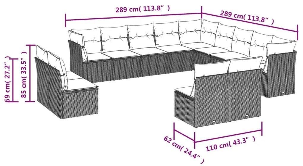 13 pcs conjunto sofás p/ jardim c/ almofadões vime PE cinzento