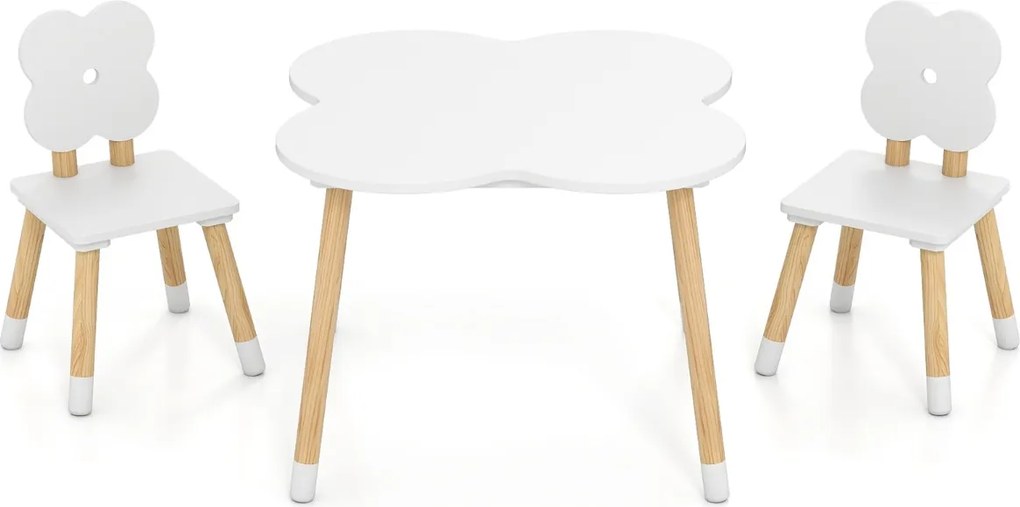 Conjunto de Mesa Flor com Jogo e Atividades em Madeira e 2 Cadeiras Infantis em Pinho Maciço para Crianças com mais de 3 anos Branco e Natural