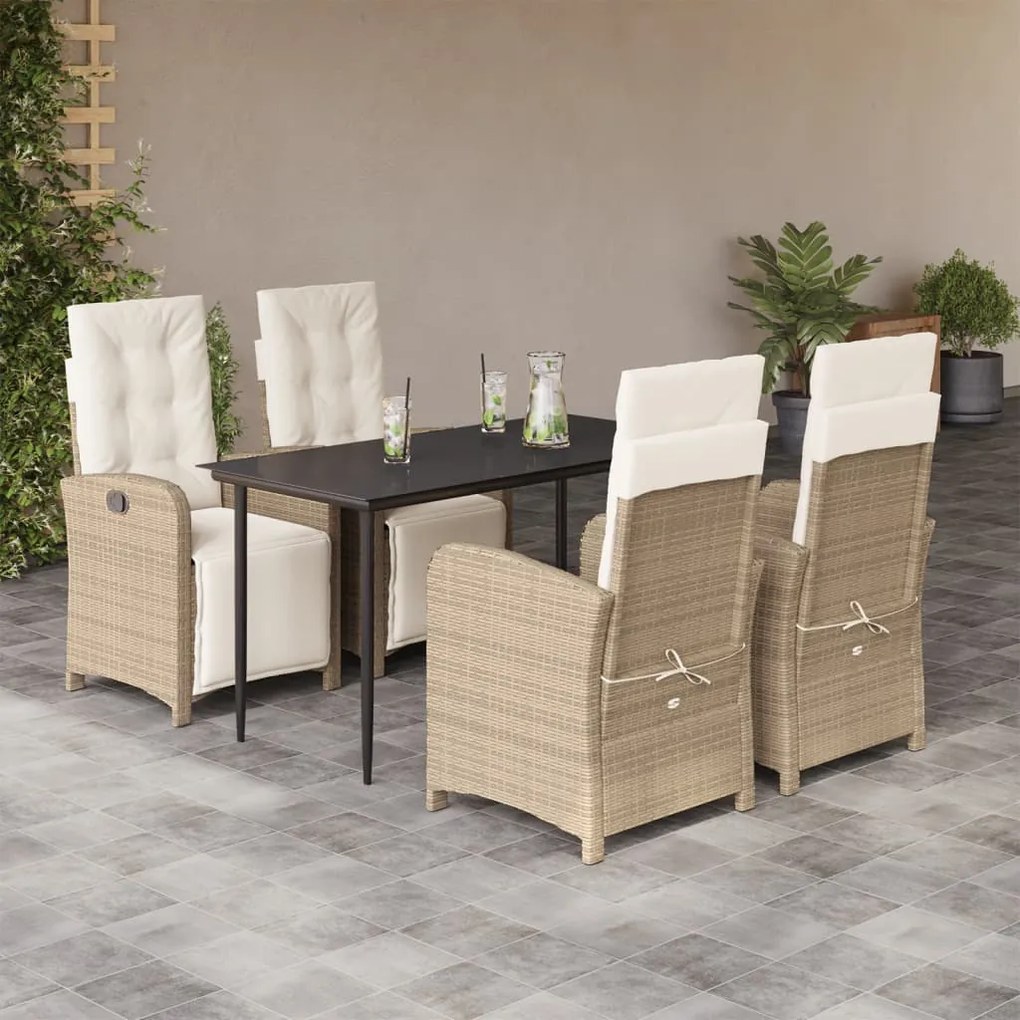 5 pcs conjunto de jantar p/ jardim com almofadões vime PE bege