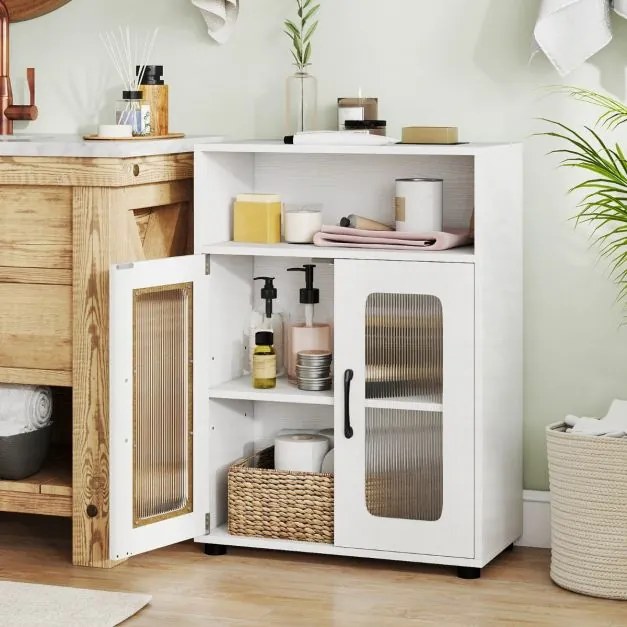 Armário para casa de banho 60 x 30 x 83 cm com 2 portas e estante ajustável de 3 níveis e Compartimento aberto branco