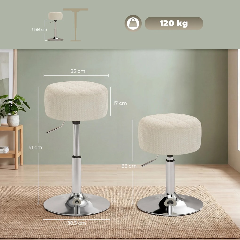 Banco bar ou de toucador em PU, banco giratório para maquilhagem, banco de bar com altura ajustável entre 51 e 66 cm, cor creme